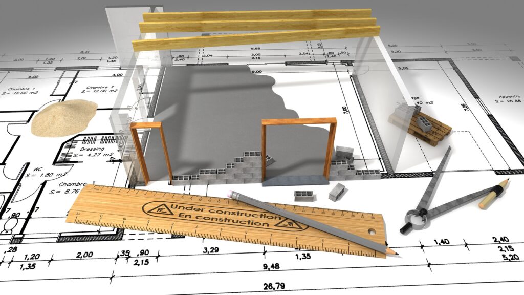 Projekt nowego domu z rzutem technicznym i wizualizacją budynku przed montażem pompy ciepła